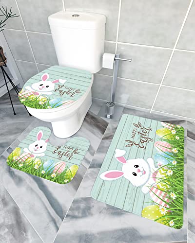 Wc-Garnitur 3-Teilig Frohe Ostern Cartoon Cute Bunny Teal Holzbrett Badezimmer Teppiche Memory-Schaum U-Förmige Pad Maschinenwaschbar Wc Cover Mat Für Bad, Wc, Dusche von shanxinanuozhengshangmaoyouxiangongsi