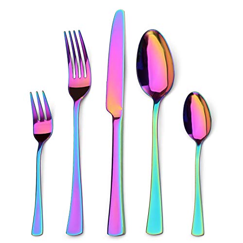 Sharecook 30 Stück Titanium Regenbogen Farbe Plated Besteck, 30 Stück Bunte Besteck Set, Multi Farbe Besteck Set Besteck, Service für 6 (glänzend Rainbow) von sharecook