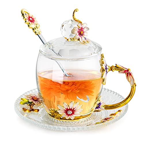 Vintage Glas Teetasse und Untertasse Set mit Deckel, Gänseblümchen Teetasse mit dekorativem Griff für heiße und kalte Getränke, elegantes Bündel für Frauen, 330 ml von sheeyee