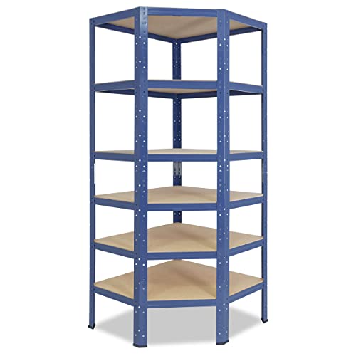 shelfplaza® 180x80x50cm HOME Eckregal Schwerlast blau/Metallregal Eckregal stehend 6 Böden je 145kg Tragkraft/Corner Shelf Schwerlastregal Ecke/Steckregal Schwerlastregal Eckregal von shelfplaza