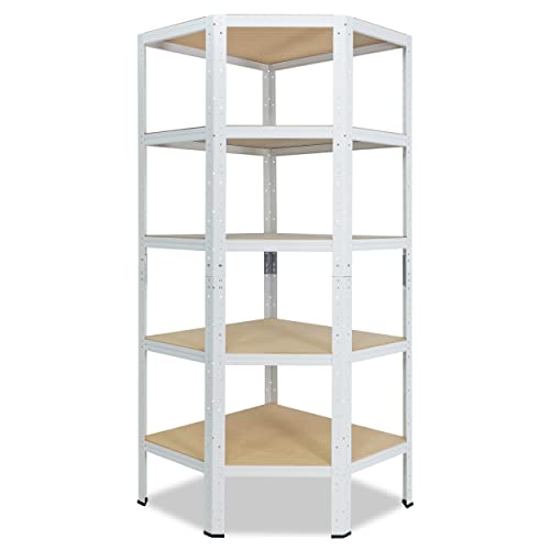 shelfplaza® 200x70x45cm HOME Eckregal Schwerlast weiß/Metallregal Eckregal stehend 5 Böden je 175kg Tragkraft/Corner Shelf Schwerlastregal Ecke/Steckregal Schwerlastregal Eckregal von shelfplaza