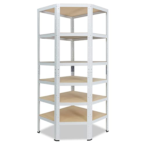 shelfplaza® 230x80x50cm Home Eckregal Schwerlast weiß/Metallregal Eckregal stehend 6 Böden je 145kg Tragkraft/Corner Shelf Schwerlastregal Ecke/Steckregal Schwerlastregal Eckregal von shelfplaza