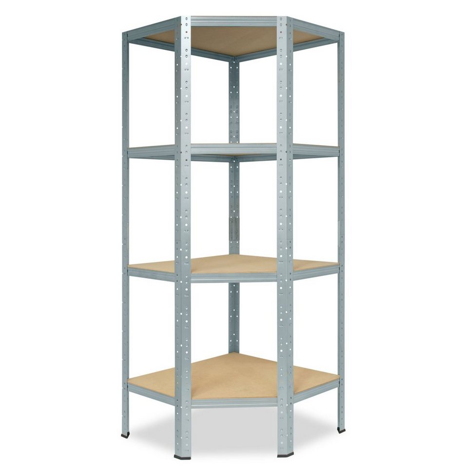 shelfplaza Eckregal HOME, 155x60x30cm verzinkt, Metall Eckregal stehend mit 4 Böden, Corner Shelf 175kg Tragkraft Schwerlastregal Ecke, Steckregal verzinkt Eckregal Keller Garagen Regal von shelfplaza