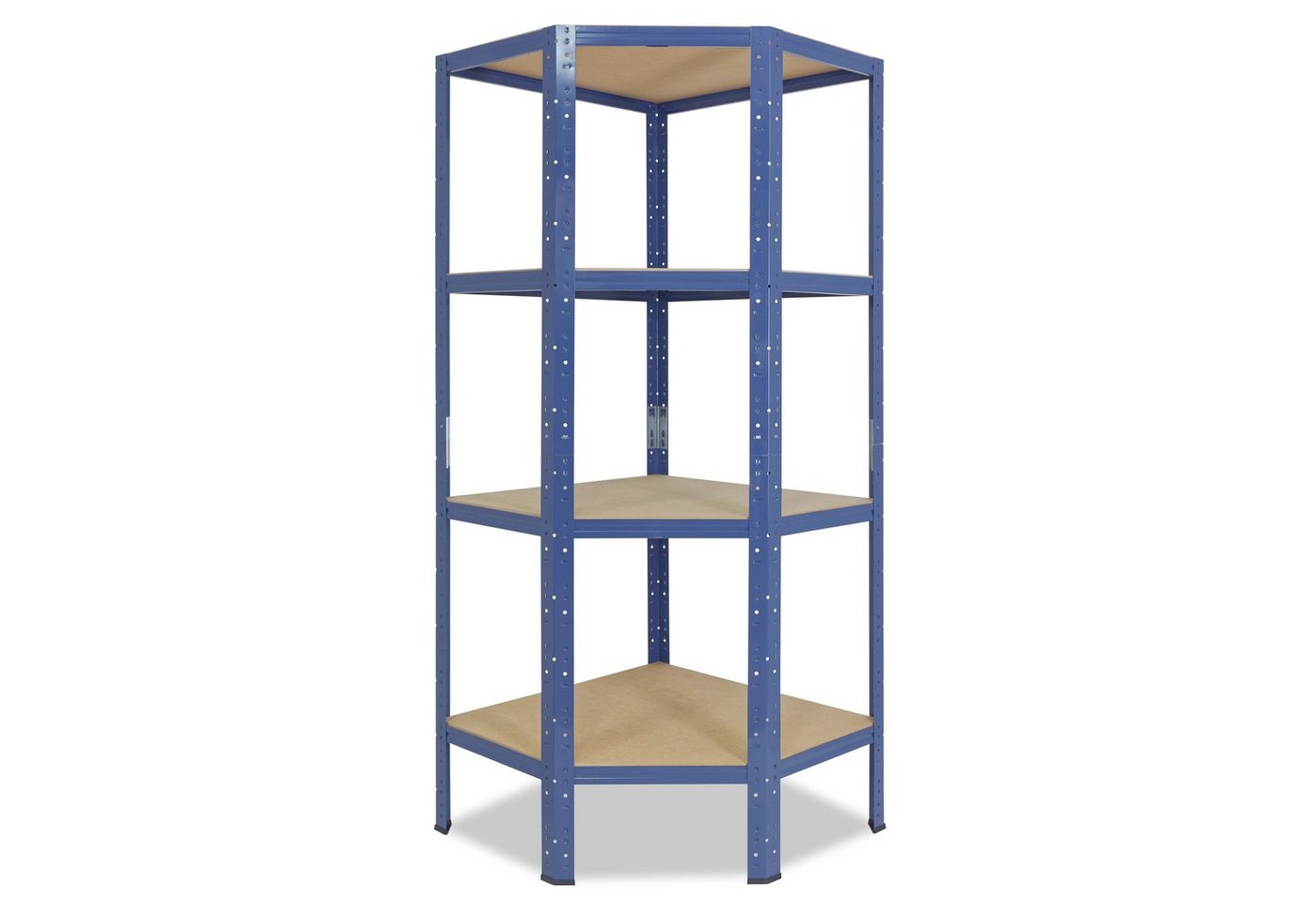 shelfplaza Eckregal HOME, 155x90x60cm blau, Metall Eckregal stehend mit 4 Böden, Corner Shelf 175kg Tragkraft Schwerlastregal Ecke, Steckregal verzinkt Eckregal Keller Garagen Regal von shelfplaza