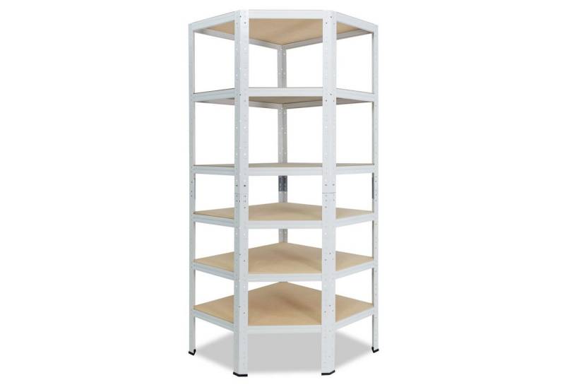 shelfplaza Eckregal HOME, 200x80x50cm weiß, Metall Eckregal stehend mit 6 Böden, Corner Shelf 145kg Tragkraft Schwerlastregal Ecke, Steckregal verzinkt Eckregal Keller Garagen Regal von shelfplaza