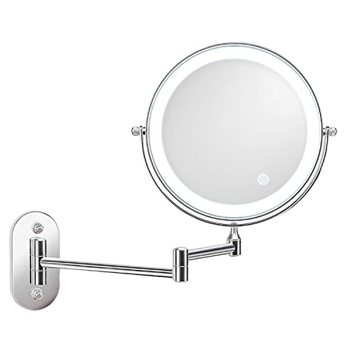 shenducs LED Faltbar Badezimmer Wandspiegel, Beleuchtet Schminken Spiegel mit 1-/3X Vergrößerung, Schminkspiegel mit Touchschalter Batterie, Wandmontierter 8-Zoll-LED-Spiegel (Chrome) von shenducs