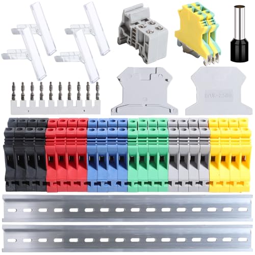 shengbowi Klemmenblock Schienentyp Spannung Kombinierter Block DIN-Blöcke Kit DK2.5N Steckverbinder 12-22 AWG Spur Erdungsblöcke Jumpers Halterungen 600V Abdeckungen Grau von shengbowi