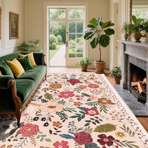 Teppich für Wohnzimmer, waschbar, Boho-Teppich, Vintage-Blumenmuster, rutschfest, niedriger Flor, großer Teppich für Wohnzimmer, Schlafzimmer, Esszimmer, Bauernhaus (15,2 x 22,9 cm, Beige) von shinefly