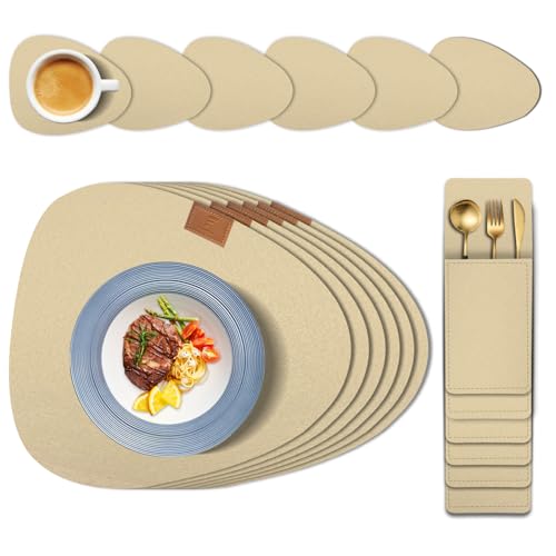 Tischsets Abwaschbar Platzsets aus Filz 18er Set, shinfly Tischsets Abwischbar Rund, Hitzebeständig rutschfest Platzdeckchen mit Untersetzer, BestecksäCken für Küche, Speisetisch 【Hellgelb】 von shinfly