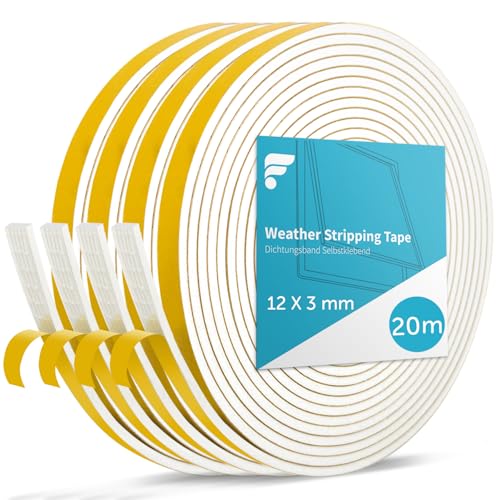 shinfly 20M Dichtungsband Selbstklebendes für Türen Fenster, 12mm(B) x 3mm(D) Fensterdichtung Türdichtung Selbstklebend für Anti Kälte-Wind Lärm und Kollision (Weiß, 5M x 4 Rollen) von shinfly