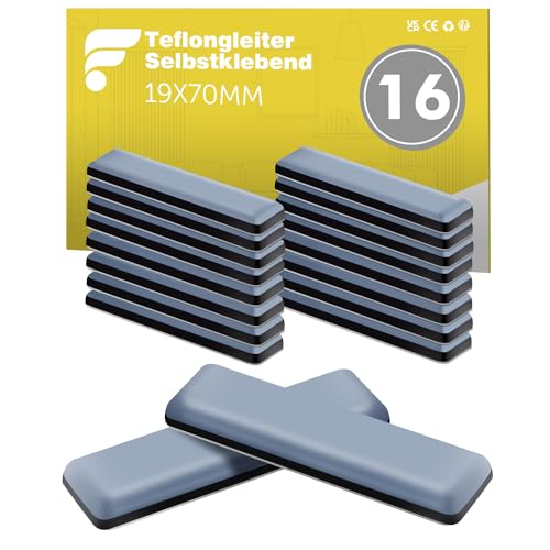 shinfly 16 Stück Teflongleiter Selbstklebend, Möbelgleiter Teflon - 70 x 19 mm (eckig), Stuhlgleiter Teflon - für Glatte Böden und Teppiche von shinfly