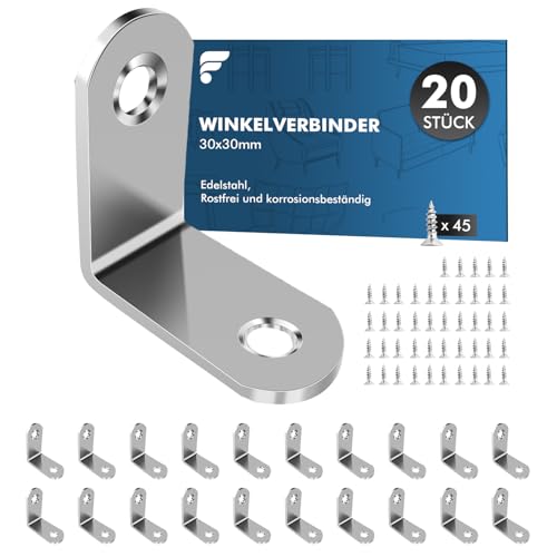 shinfly Winkelverbinder, 20 Stück 30 x 30 mm, Winkel Metall 90 Grad mit 45 Stück Schrauben,Edelstahl MetallWinkel L Klammern , für Möbel, Stuhl, Tisch, Fenster,Winkel Bracket von shinfly