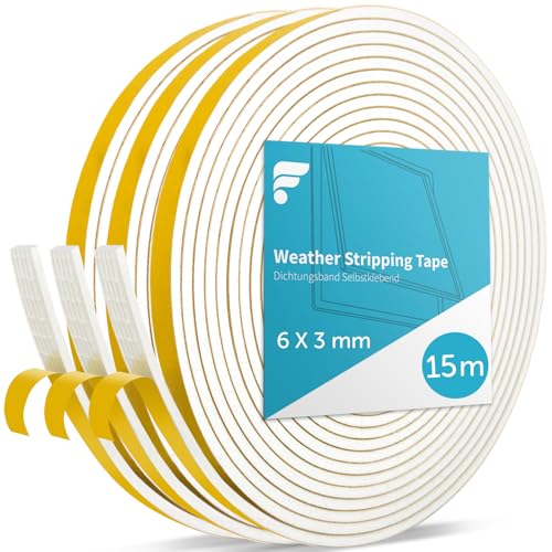 shinfly 15M Dichtungsband Selbstklebendes für Türen Fenster, 6mm(B) x 3mm(D) Fensterdichtung Türdichtung Selbstklebend für Anti Kälte-Wind Lärm und Kollision (Weiß, 5M x 3 Rollen) von shinfly