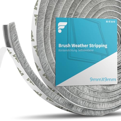 shinfly Bürstendichtung Selbstklebend 10M, 9 mm(B) x 9 mm(D) Bürstendichtung für Rolladen, Tür, Fenster, Schiebetür, Kleiderschränk Insektenschutz, Staub- und Lärm (Grau, 10M) von shinfly