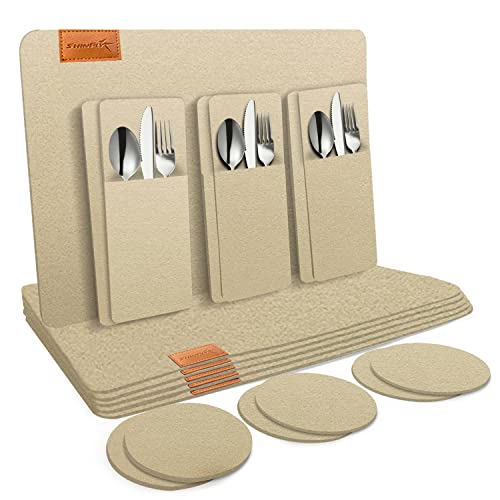 shinfly Tischsets Abwaschbar Platzsets aus Filz 18er Set, Abwischbar Tischsets, Hitzebeständig rutschfest Platzdeckchen mit Untersetzer, BestecksäCken für Küche, Speisetisch, 44x32cm 【Hellgelb】 von shinfly