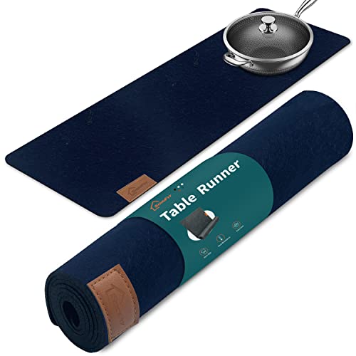 shinfly Tischläufer aus Filz, Tischband, Filzläufer Tisch Abwaschbar mit Leder Label - Tischläufer - Tintenblau, 100x30 cm von shinfly