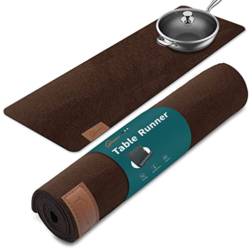 shinfly Tischläufer aus Filz, Tischband, Filzläufer Tisch Abwaschbar mit Leder Label - Tischläufer - Filzläufer Tisch Dunkelbraun, 100x30 cm von shinfly