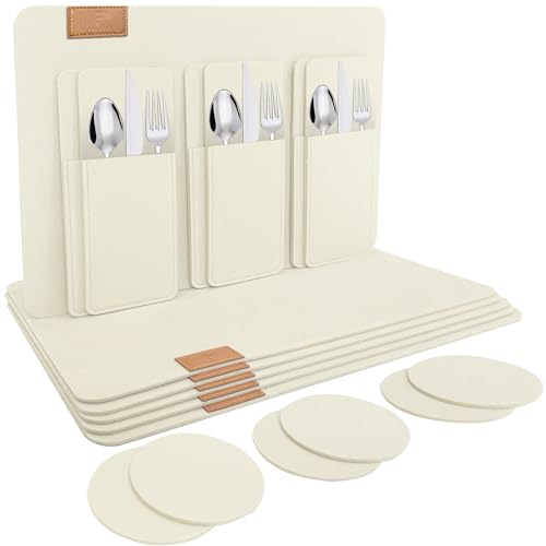 shinfly Tischsets Abwaschbar Platzsets aus Filz 18er Set, Abwischbar Tischsets, Hitzebeständig rutschfest Platzdeckchen mit Untersetzer, BestecksäCken für Küche, Speisetisch, 44x32cm 【Beige】 von shinfly