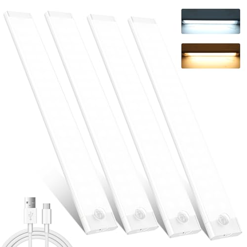 shirylzee Unterbauleuchte Küche LED, 4 Stück 72 LEDs Schrankbeleuchtung, 2000mAh Akku USB-C Wiederaufladbares bewegungsmelder licht mit Magnetische Lichtleiste for Kleiderschrank, Küche, Treppe von shirylzee