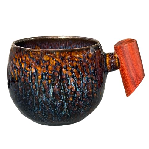 shizuro japanische Tasse mit Holzgriff - 230 ml - hochwertige Keramiktasse für Kaffee und Tee - nachhaltige asiatische vintage Teetasse - Retro modernes Design (Braun Blau, 230ml) von shizuro