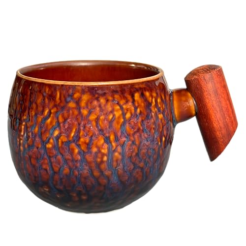 shizuro japanische Tasse mit Holzgriff - 230 ml - hochwertige Keramiktasse für Kaffee und Tee - nachhaltige asiatische vintage Teetasse - Retro modernes Design (Rot Blau, 230ml) von shizuro