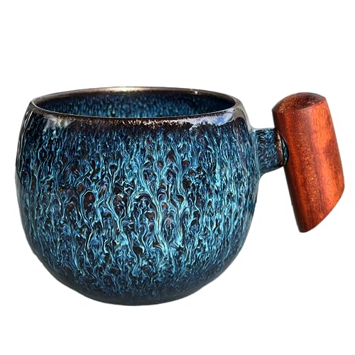 shizuro japanische Tasse mit Holzgriff - 230 ml - hochwertige Keramiktasse für Kaffee und Tee - nachhaltige asiatische vintage Teetasse - Retro modernes Design (Weiß Blau, 230ml) von shizuro