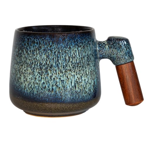 shizuro japanische Tasse mit Holzgriff - 380 ml - hochwertige Keramiktasse für Kaffee und Tee - nachhaltige asiatische vintage Teetasse - Retro modernes Design (Weiß Blau, 380ml) von shizuro