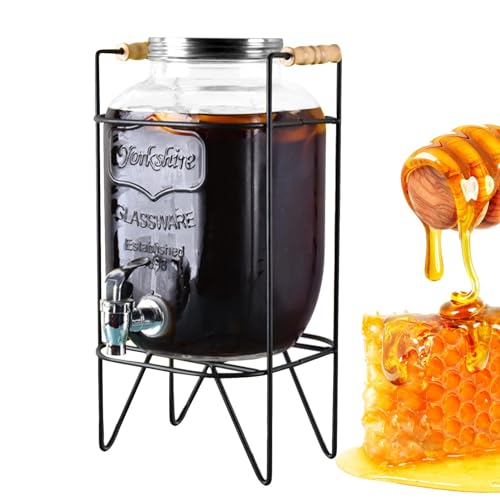 4-Liter-Getränkekrug-Behälter, Getränkebehälter für Partys, Getränkespender mit Zapfhahn, luftdichtes Getränkespenderglas, Glas-Wasserspender mit Ständer und Edelstahl-Zapfhahn für Partys von shjxi