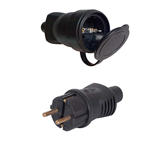 Stecker und Kupplung mit Abdeckkappen wasserdicht feuchtraum aussen schukostecker IP44 (Stecker und Kupplung SET) von shopVG