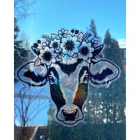 Floral Kuh Suncatcher - Fenster Aufkleber, Sticker, Blumen, Bauernhof Tiere, Bauernhof, Kuh, Aufkleber von shopmustardtiger