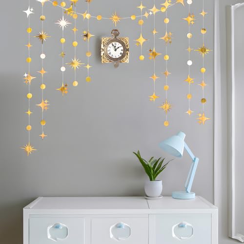 SHOWLL 52 Fuß Gold Vierzackiger Stern Papier Girlande Deko,Birthday Decorations,Gold Reflektierende Papiergirlande, Dekorationen Für Geburtstag Festival Kindergeburtstag Hochzeit Weihnachten Party von showll