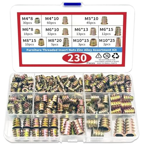 230-teiliges Gewindeeinsatz-Muttern-Set, Holzsortiment-Werkzeugsatz, 11 Größen Metrisch M4/M5/M6/M8/M10 Innensechskant-Schraubendreher 230-teiliges Gewindeeinsatz-Muttern-Set, Holzsortiment-Werkzeugsatz, 11 Größen Metrisch M4/M5/M6/M8/M10 Innensechskant-Schraubendreher von shundeed