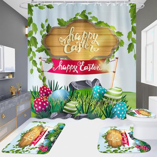 Duschvorhang Bunte Ostern Badezimmermatte Verdickung Fußmatte Set,Badevorhang Stoff+Badezimmerteppich rutschfeste(50x80cm)+U-Typ Bath Mat Wasseraufnahme+Toilette Badmatte von shunhuan