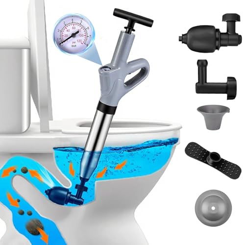 Rohrreiniger, Abflussreinigungspumpe mit Luftkompression und Luftdruckanzeige, Druckluft-Rohrreiniger mit 4 Saugnäpfen für Waschbecken, Toiletten, Bäder, Duschen und Küchen (grau) von shuokang