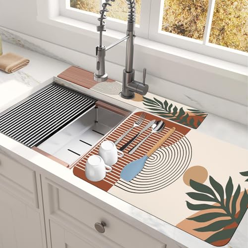 2 Stück 80 x 43,2 cm Abtropfmatte & 61 x 14 cm Spülbecken-Spritzschutz, ultra saugfähig und schneidbar, Boho-Geschirrmatte, Abtropfmatte mit rutschfester Gummi-Rückseite, versteckt von shuownshg