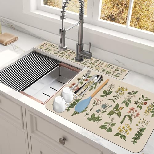 Abtropfmatte für Spülbecken, 61 x 14 cm, ultra-saugfähige und zuschneidbare Pflanzen-Abtropfmatte, Küchenmatte mit rutschfester Gummi-Rückseite, versteckt Flecken, Trocknungsmatte, Küchentheke, 2 von shuownshg