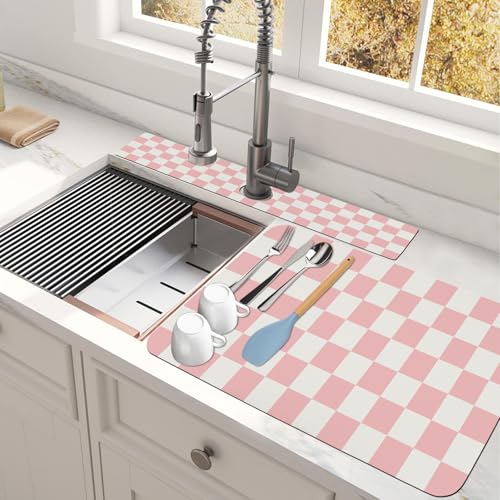 Abtropfmatte für Spülbecken, 80 x 43,2 cm, 61 x 14 cm, ultra-saugfähig und schneidbar, rosa kariert, Küchenmatte mit rutschfester Gummi-Rückseite, versteckt Flecken, Trocknungsmatte, Küchentheke, 2 von shuownshg