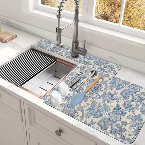 Abtropfmatte für Spülbecken, 80 x 43,2 cm, 61 x 14 cm, ultra-saugfähige und zuschneidbare Blumen-Geschirrmatte, Abtropfmatte mit rutschfester Gummi-Rückseite, versteckt Flecken, Trocknungsmatte von shuownshg