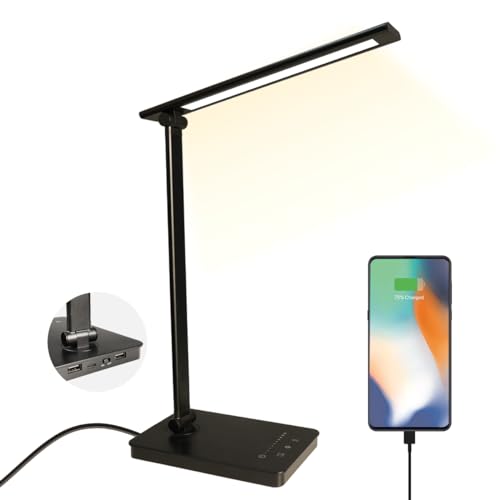 shuwosmart Schreibtischlampe LED, Tischlampe Dimmbar 5 Lichtfarben und 10 Helligkeitsstufen USB-Anschluss Desk Lamp mit Timing, Lesemodus geeignet für Büro, Lesen und Lernen, Schwarz von shuwosmart