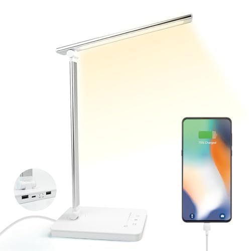 shuwosmart Schreibtischlampe LED, Tischlampe Dimmbar 5 Lichtfarben und 10 Helligkeitsstufen USB-Anschluss Desk Lamp mit Timing, Lesemodus geeignet für Büro, Lesen und Lernen, Weiß von shuwosmart