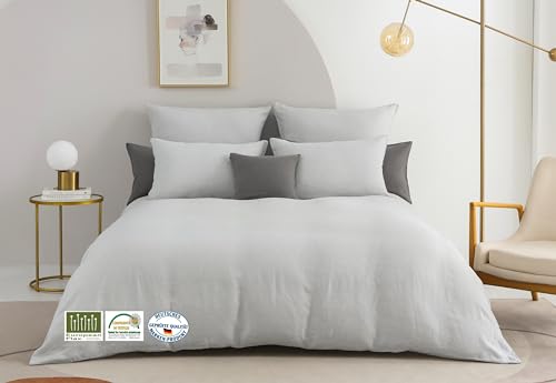 LEDINA Leinen Bettwäsche Bettbezug Kissenbezug | 100% European Premium Washed Linen & ÖkoTex Zertifiziert | Weich | Nachhaltig | Antibakteriell & Milbenfrei & Atmungsaktiv (Hellgrau, 240 x 220 cm) von sichou die seidenmanufaktur