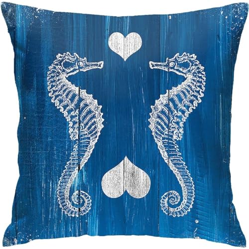 Kissen Fall Vintages Seepferdchen-Ozean-Blau-Reihen-Nautisches Strand-Thema 45X45Cm Kissenbezug Vintage Zierkissenbezüge Dauerhaft Wurfkissenbezug Für Büro Outdoor Wohnzimmer von sichuanyanluogemaoyiyouxiangongsi