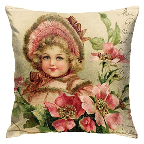 Werfen Sie Kissenbezüge Vintage Postkarte Schönes Mädchen-Cluster Aus Rosa Blumen Und Grünen Blättern 45X45Cm Kissenbezug Modern Kissen-Bezug Süße Wurfkissenbezug Für Auto Outdoor Schlafzimmer von sichuanyanluogemaoyiyouxiangongsi