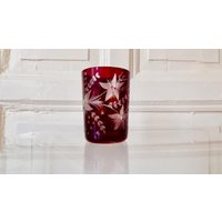 Kristall Glas Vase Windlicht Tumbler Becher Rubin Rot Handgeschliffen Vintage von siebenundsiebzig