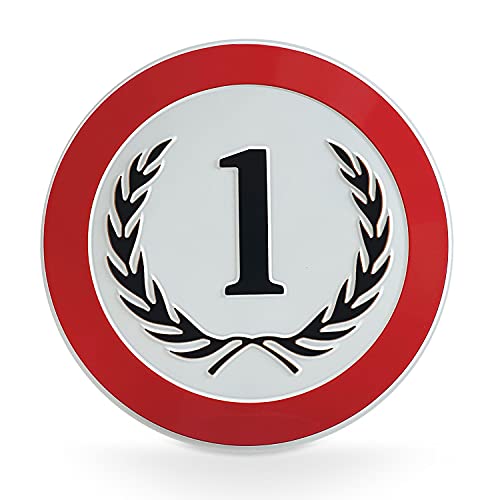 signodoo® 1-jähriges Geburtstags- oder Jubiläumsschild mit schwarzem Lorbeerkranz | Aluminium, geprägt | Größe: Ø 31,5 cm | Geburtstagsgeschenke von signodoo