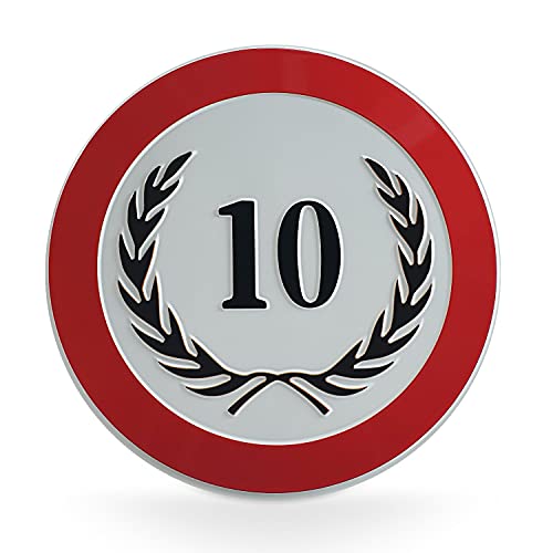 signodoo® 10-jähriges Geburtstags- oder Jubiläumsschild mit schwarzem Lorbeerkranz | Aluminium, geprägt | Größe: Ø 20,0 cm | Geburtstagsgeschenke von signodoo