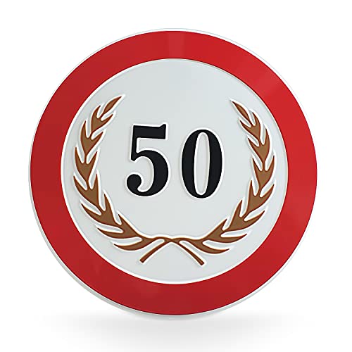signodoo® 50-jähriges Jubiläumsschild mit goldenem Lorbeerkranz | Geburtstagsschild | Geprägt | Aluminiumschild | Ø 31,5 cm | Lorbeerkranz Gold von signodoo