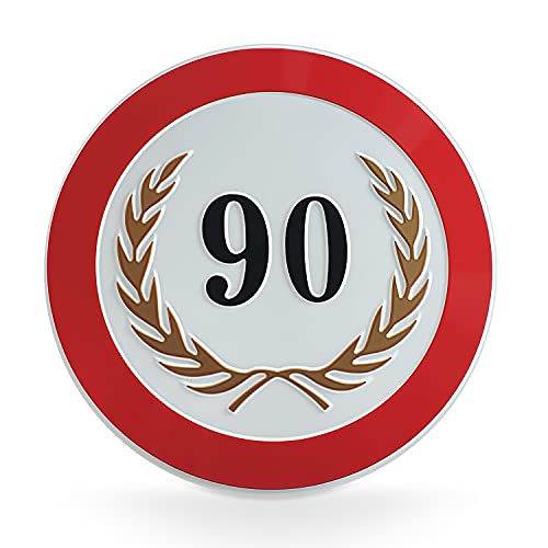 signodoo® 90-jähriges Jubiläumsschild mit goldenem Lorbeerkranz | Geburtstagsschild | Geprägt | Aluminiumschild | Ø 20,0 cm | Lorbeerkranz Gold von signodoo