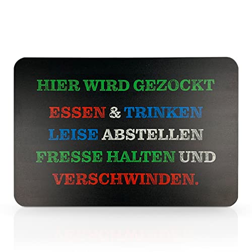 signodoo® Funschild "Hier wird gezockt Essen und Trinken leise abstellen..." | BxH: 30,0 x 20,0 cm, Aluminiumverbundplatte | Prägeschild mit lustigem Spruch | Spaßschild von signodoo