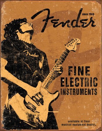 Fender Guitar Rock On Fine elektrische Instrumente Blechschild, Antikoptik, 32 x 41 cm von signs-unique
